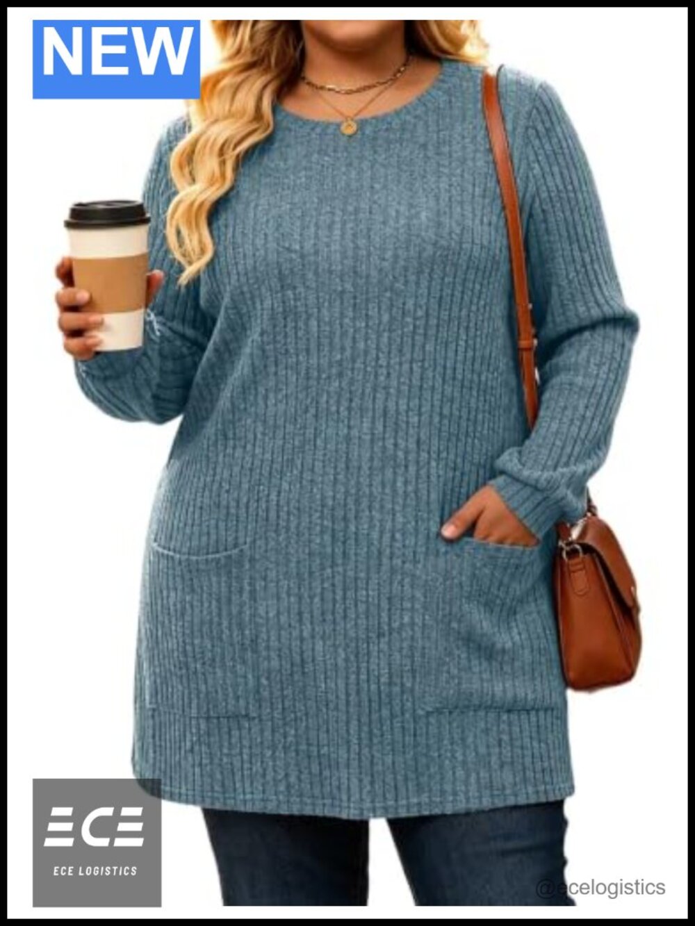 Womens Plus Size Ribbed Tunic Sweater Long Sleeve Crewneck Pullover with Pockets